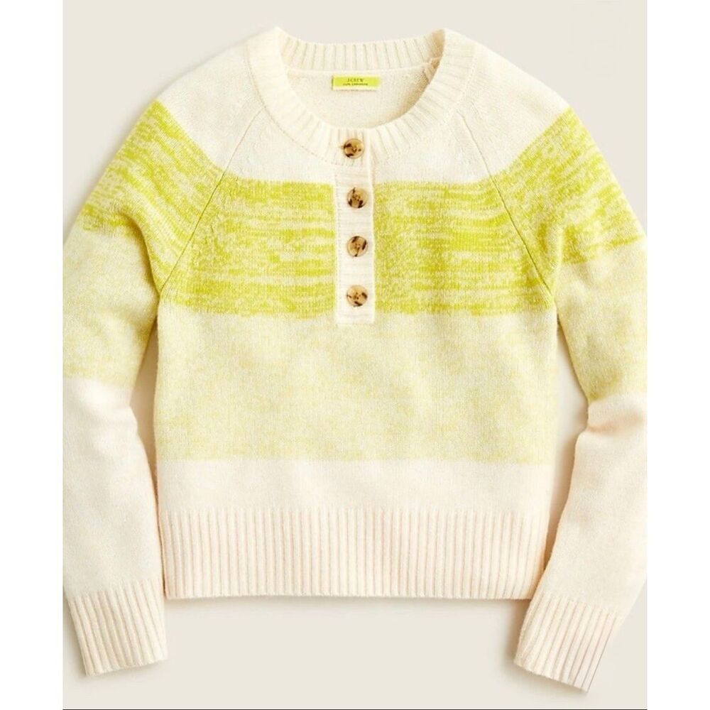 J Crew‎ Sweater Cashmere 4 Button Cream Yellow Striped Large